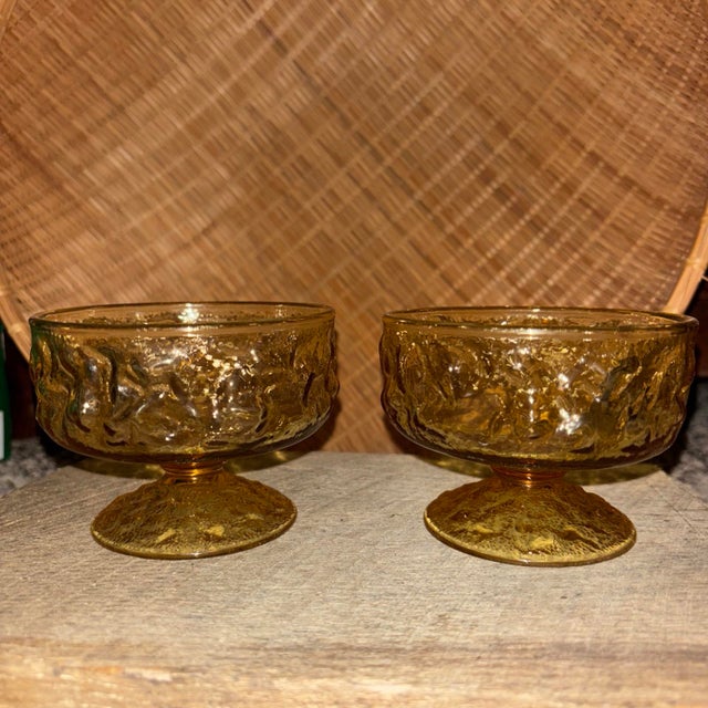 Mid-Century Modern Vintage Set of Two Depression Glass Amber Colored Sherbet Serving Dishes For Sale - Image 3 of 7