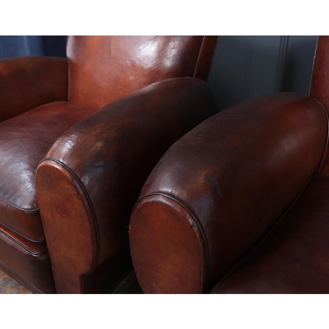 Art Deco French Moustache Back Leather Club Chairs, 1930, Set of 2 For Sale - Image 10 of 18