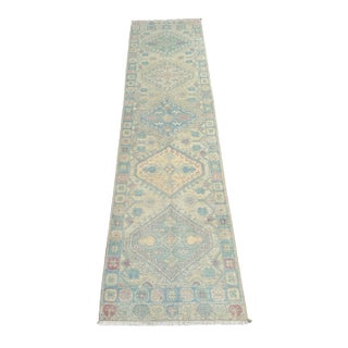 Afghan Oushak Pastel Wool Runner Rug With Geometric Medallions For Sale
