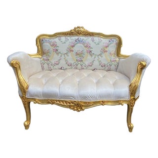 1980s French Louis XVI Gold Beech Beige Settee For Sale