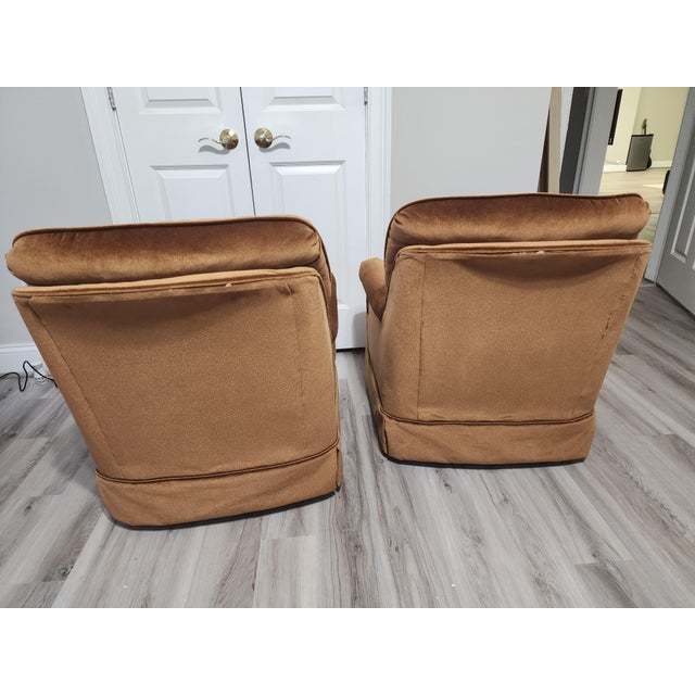 1970s Vintage Rust Colored Tufted Velvet Rocking and Swivel Club Chairs- A Pair For Sale - Image 5 of 11