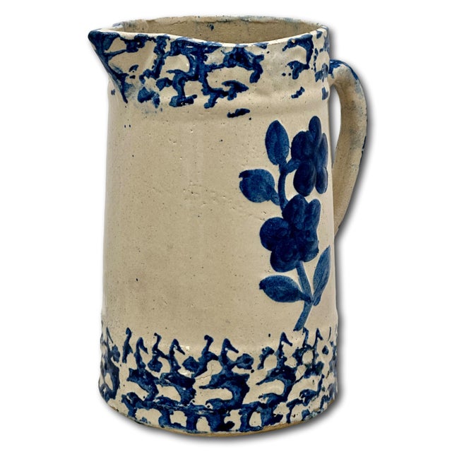 Late 19th Century Unusual Antique American Blue Spongeware & Flower Decorated Stoneware Milk Pitcher Circa Late 19th Century For Sale - Image 5 of 18