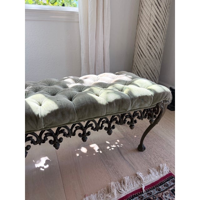 Vintage Hollywood Regency Tufted Velvet Bench With Ornate Metal Base For Sale - Image 11 of 12