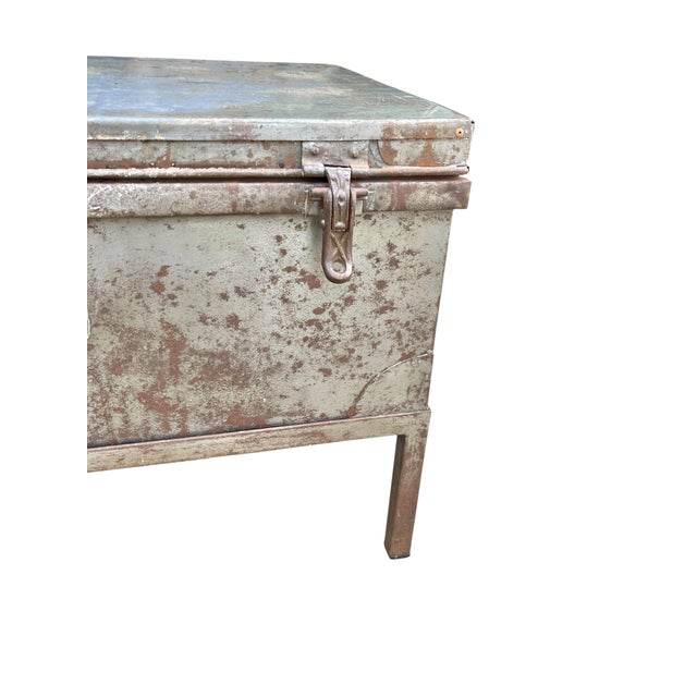 Early 20th Century Early 20th Century Industrial Metal Trunk Chest on Stand With Patina Finish For Sale - Image 5 of 18