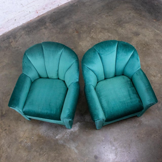 1980’s Art Deco Revival Hollywood Regency Channeled Fan Back Club Chairs W/Teal Chenille Fabric by Perfection Furniture, a Pair For Sale - Image 13 of 18