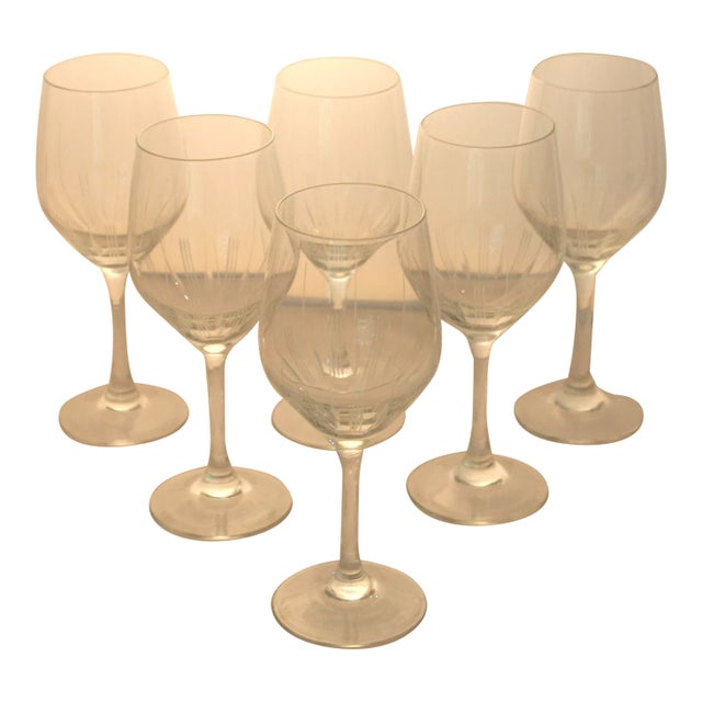 Mid Century Modern Clear Crystal Footed Wine Glass With Incised Vertical Lines-Set of 6 For Sale