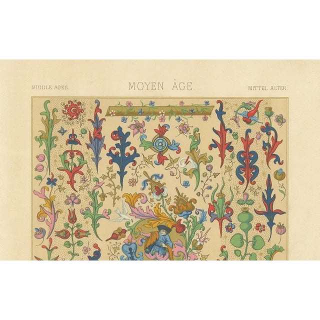 After Racinet, Medieval Floral Ornament Illuminated Manuscript Motifs, Plate XLVIII, 1869, Print For Sale - Image 5 of 10