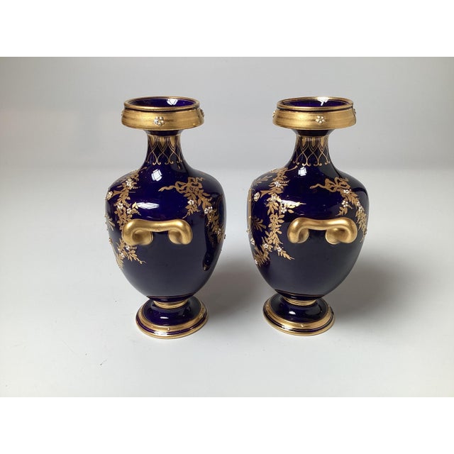 A Diminutive Pair of Cobalt and Gilt Porcelain Neoclassical Cabinet Vases For Sale In Philadelphia - Image 6 of 8