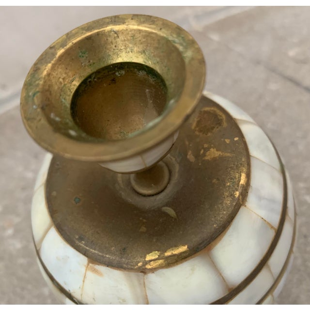 1970’s Vintage Indian Tessellated Mother of Pearl, Shell Candlestick Holders With Brass Trim- A Pair For Sale - Image 4 of 12