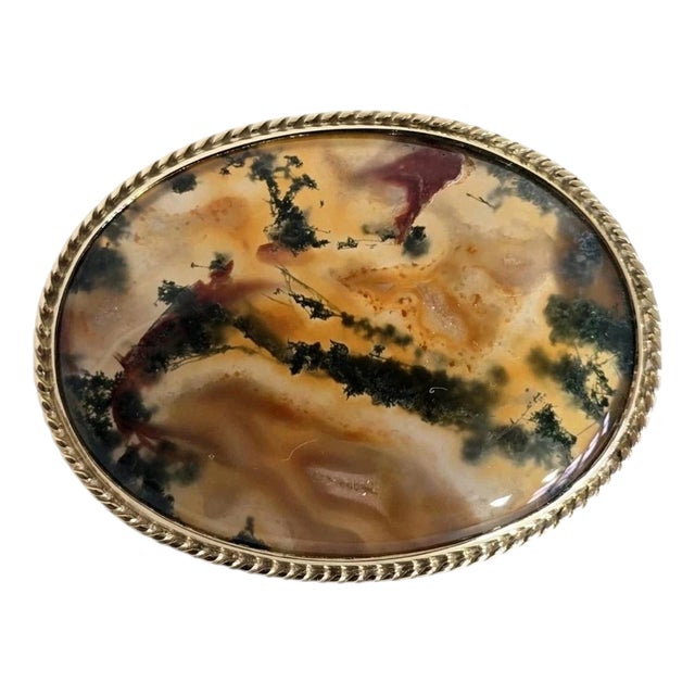 Vintage 9ct Yellow Gold Moss Agate Brooch, Sheffield, 1989 For Sale