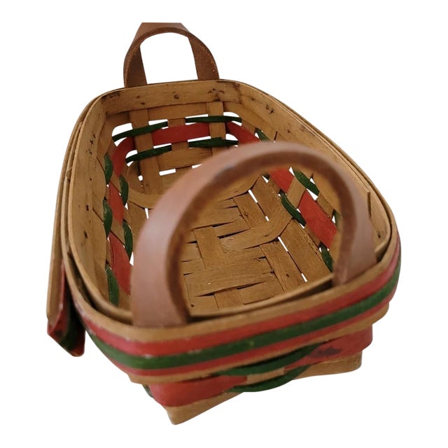 Vintage 19th Century Handmade Woven Holiday Basket With Leather Handles For Sale