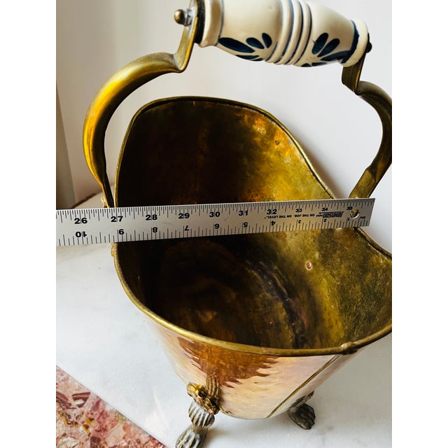 Vintage Brass Bucket With Ceramic Handle Lion Head Claw Feet For Sale - Image 9 of 16