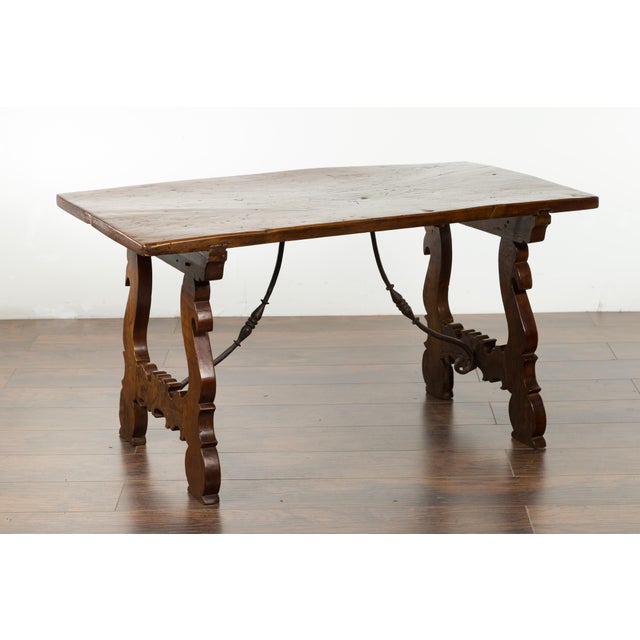 Wood Italian 1820s Walnut Low Fratino Table with Lyre-Shaped Base and Iron Stretchers For Sale - Image 7 of 12