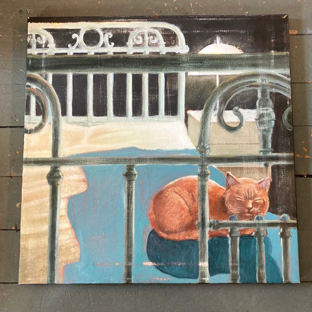 1990’s Original “Sleeping Cat” Painting For Sale - Image 4 of 4