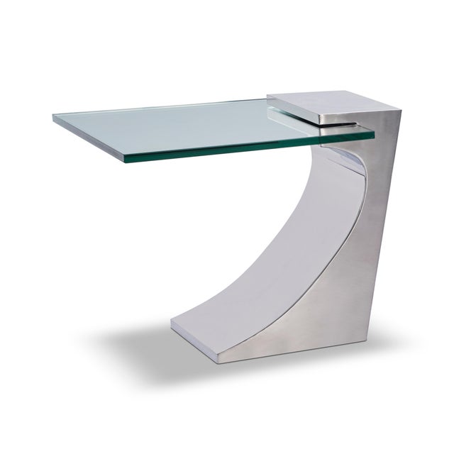 Modern Stainless steel lamp table designed by Greg Sheres. Cantilevered glass. Clean and simple stainless and glass...