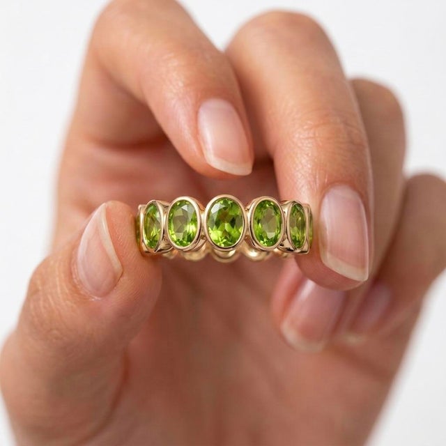 Contemporary Peridot Bezel-Set Eternity Stackable Band Ring in 18k Gold Plated Sterling Silver Us 7 For Sale - Image 3 of 4