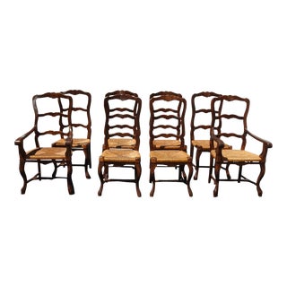 Set of Eight Rush Ladderback French Country Dining Chairs For Sale