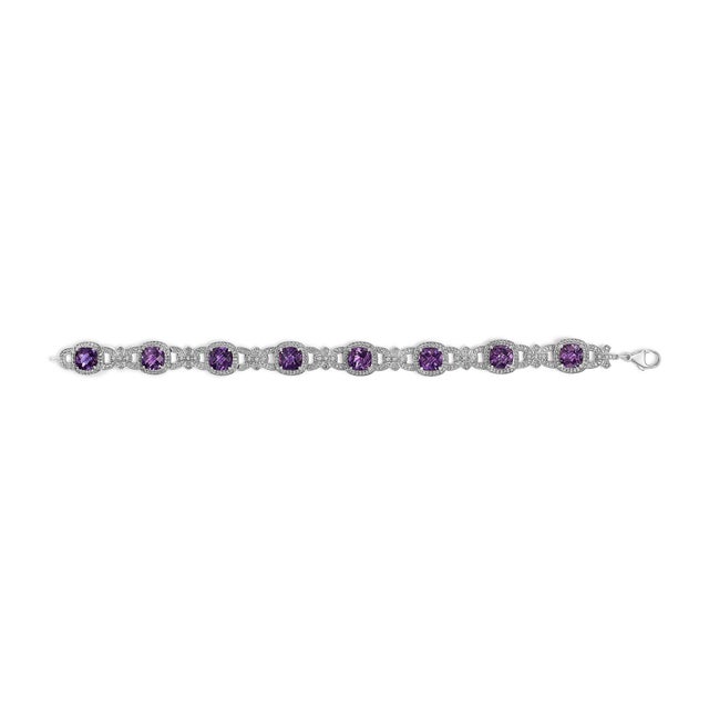 Silver Cushion-Cut Purple Amethyst & Diamond Vintage Halo Link Bracelet For Sale - Image 4 of 5
