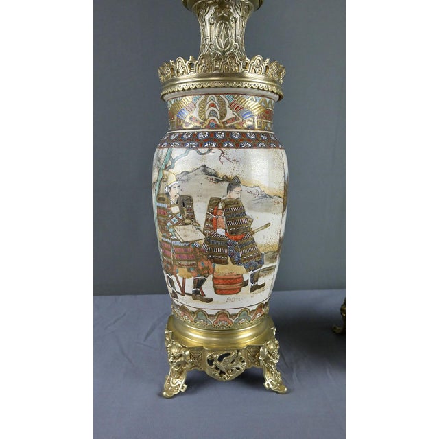 Late 19th Century Satsuma Porcelain and Bronze Oil Lamps, Japan, Set of 2 For Sale - Image 16 of 18