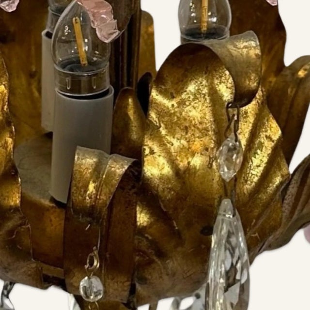 1940s Small 3 Bulb Venetian Crystal and Gilt Bronze Leaf Motif Chandelier For Sale - Image 4 of 6