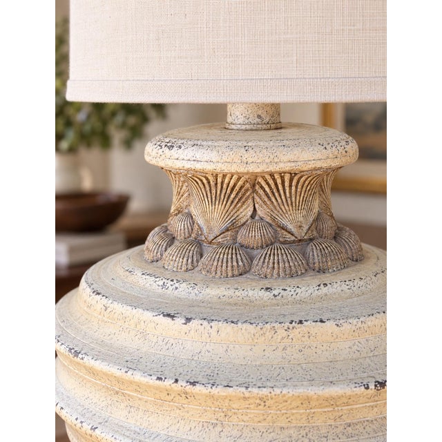 Contemporary Late 20th Century Sculptural Shell Urn Table Lamp With Ivory Linen Drum Shade For Sale - Image 3 of 6