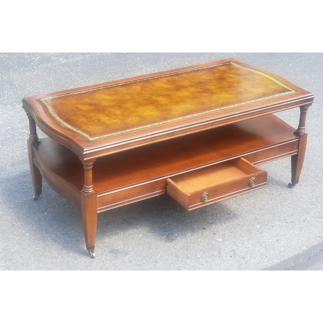 Brown 1958 Hollywood Regency Mahogany Tooled Leather Top and Gilt Stencil Coffee Table For Sale - Image 8 of 9