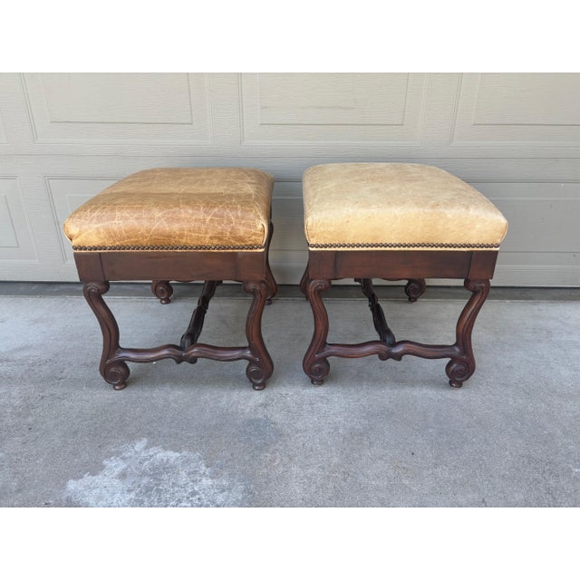 Hancock & Moore Hancock & Moore Leather Ottoman Stools Benches Walnut French Spanish Style a Pair For Sale - Image 4 of 9