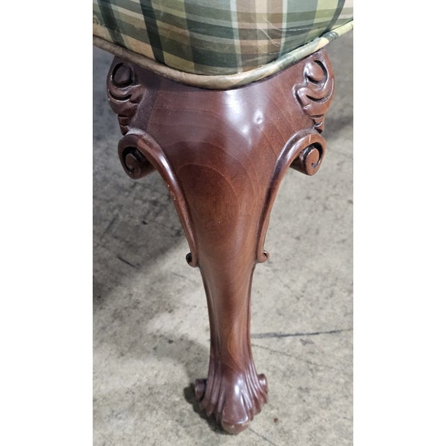 Brown Late 20th Century Southwood Mahogany Queen Anne Style Wing Chair Plaid Fabric Trifold Feet For Sale - Image 8 of 8