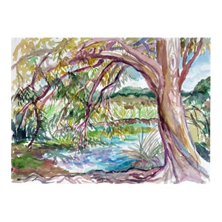 Tree by Pond Landscape by Virginia J Hughins For Sale