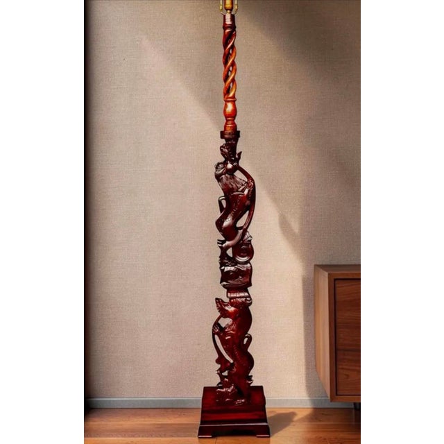 Wood Vintage Chinoiserie Intricately Hand Carved Double Foo Dog Floor Lamp With Helix Top Section Floor Lamp For Sale - Image 7 of 12
