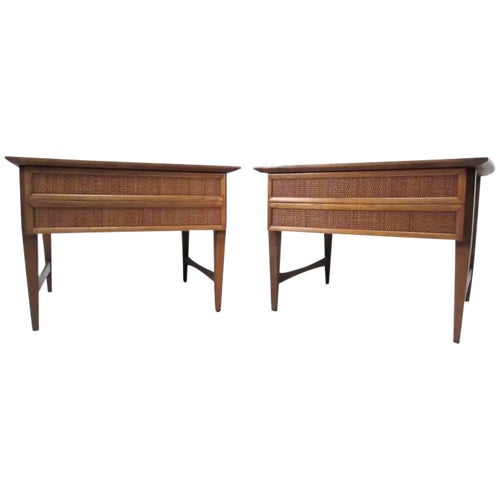Vintage Modern Cane Front End Tables by Lane - a Pair
