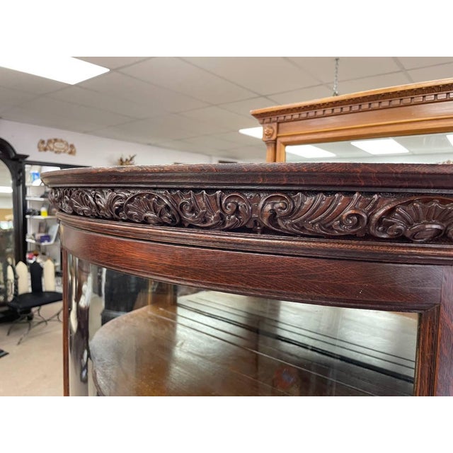 Antique Tiger Oak Curio Cabinet, 4 Shelves, Glass Door, Hand Carved Wood For Sale - Image 9 of 11