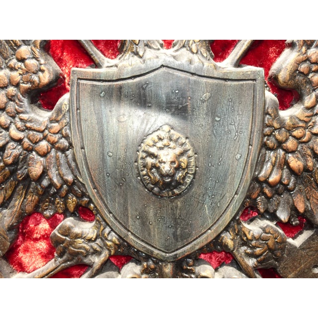 Wood Vintage Mid Century Medieval Dragon Wall Mantle Plaque Picture W Red Velvet For Sale - Image 7 of 13