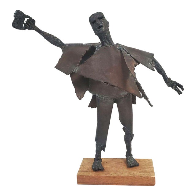 Vintage Brutalist Modernist Welded Steel Figural Sculpture, Signed For Sale