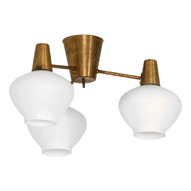 Ceiling Lamp in Brass and Opaline Glass attributed to Hans Bergström, 1940s For Sale