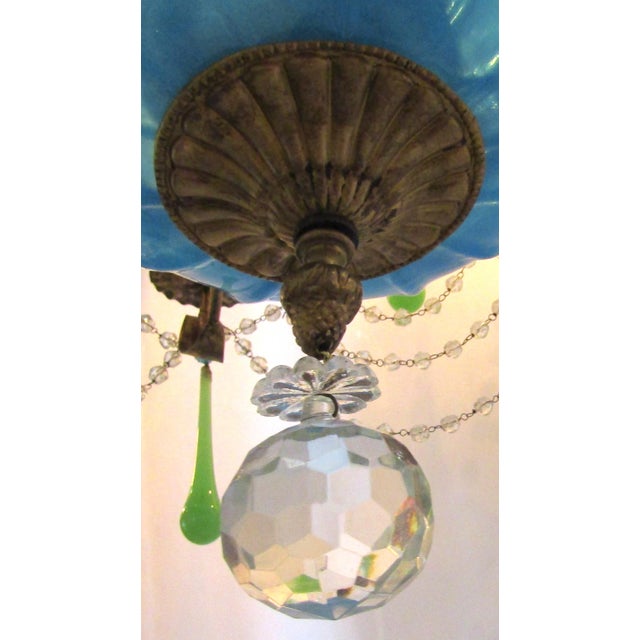 Blue 1940s Rare Italian Blue and Green Opaline Beaded Gold Leaf Chandelier For Sale - Image 8 of 11