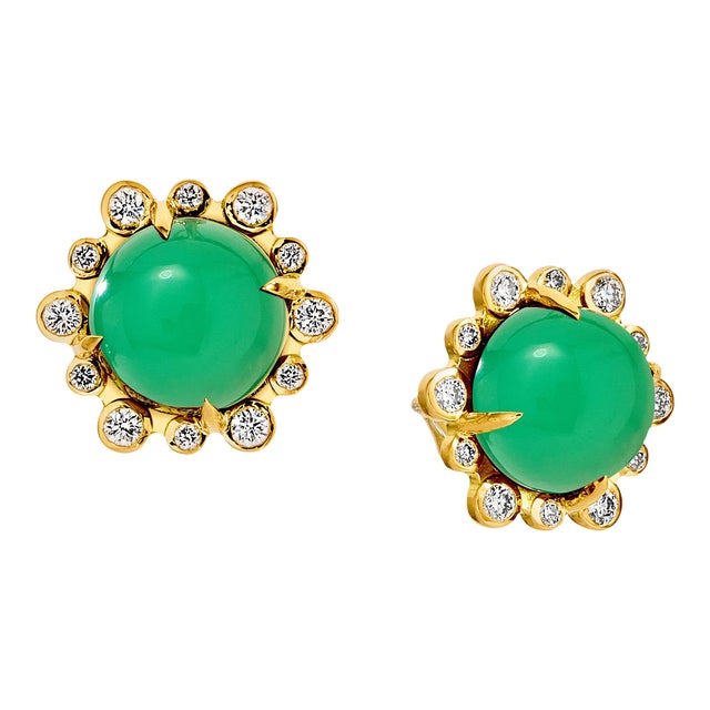 Syna Yellow Gold Chrysoprase Earrings with Diamonds, a Pair For Sale