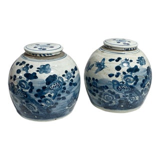 Chinoiserie Blue & White Porcelain Ginger Jars 11" H Set of Two For Sale