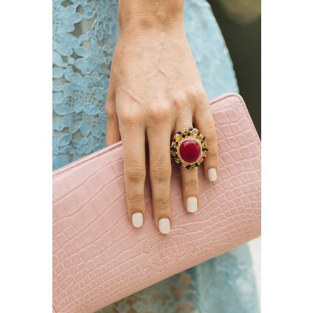 Gemstone Bochic "Orient" Vintage Ruby, Peridot & Amethyst Ring Set In 18 K Gold & Silver For Sale - Image 7 of 8