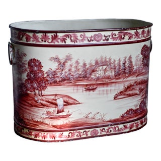 1980s Red Cream Toleware Painted Planter, Ice Bucket, Hand-Painted Pastoral River Scene, Oval Cachepot With Handles, 13.5"w For Sale