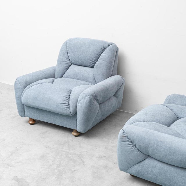 1950s Armchairs in Blue Fabric and Wooden Legs, 1950s, Set of 2 For Sale - Image 5 of 12
