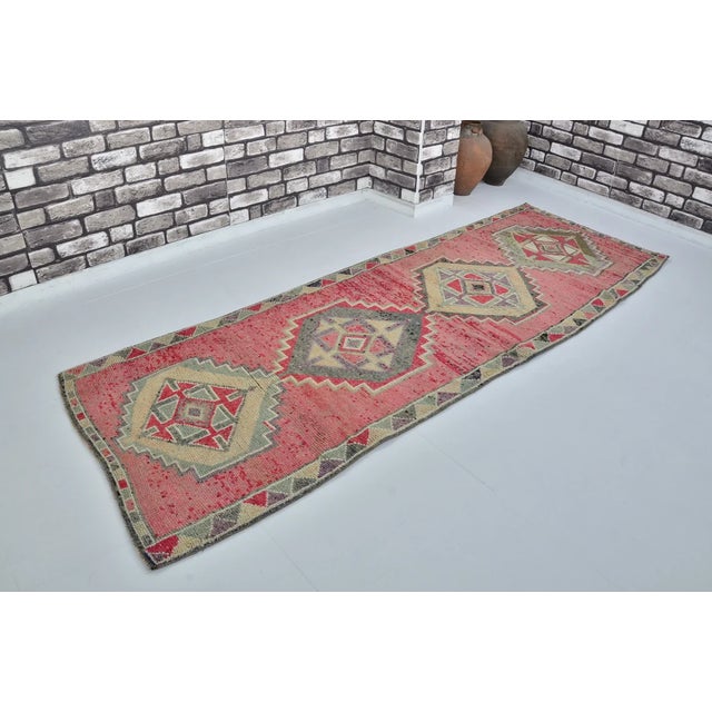 Vintage Anatolian Wool Runner, Hand-Woven Rug With Vibrant Pink and Geometric Motifs For Sale - Image 9 of 10