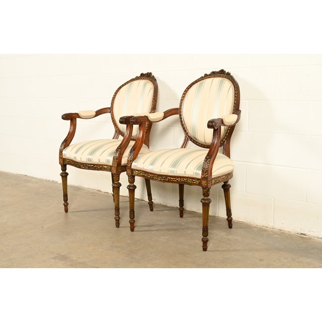 French Karges Style French Regency Louis XVI Carved Mahogany and Gold Gilt Armchairs, Pair For Sale - Image 3 of 14