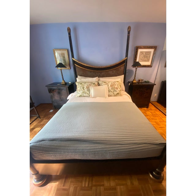 Custom four poster bed without canopy and concave 22k gilt upholstered headboard. Four finials and the feet are hand gilt...