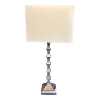 Sculptural Modern Table Lamp With Carved Metal Base & Linen Cube Shade For Sale