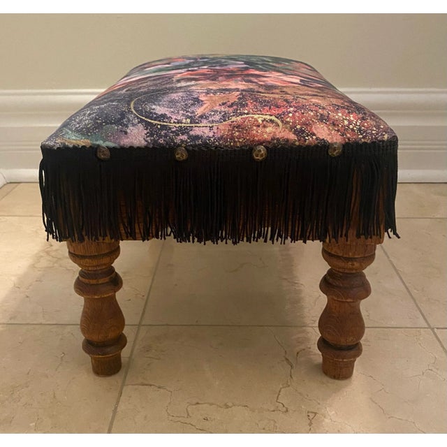 Mid-Century Modern Vintage Art Deco Wood Footstool With Fringe For Sale - Image 3 of 6