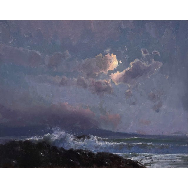 On the Beach at Night Alone... by Devin Michael Roberts | Oil on panel Night seascape with waves and clouds. For Sale - Image 4 of 5