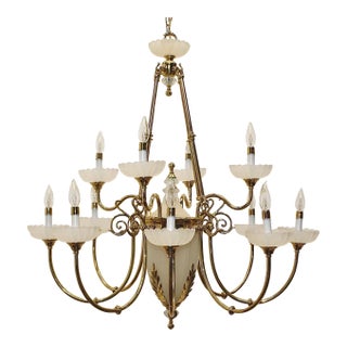 Extra Large 13 Light Chandelier | Brass & Frosted Glass For Sale