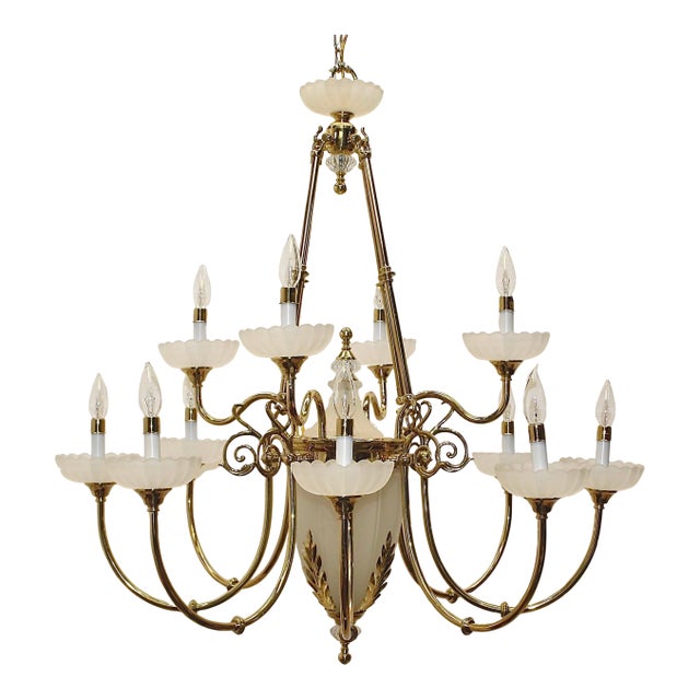 Monumental 13 Light Brass & Frosted Glass Chandelier For Sale