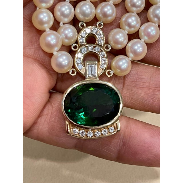 Arts & Crafts 18Ct Green Tourmaline & 2.5Ct Diamond Necklace 14 KY Gold & Triple Pearl Layers For Sale - Image 3 of 18